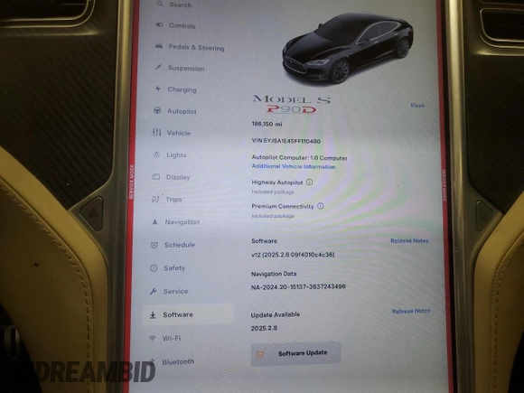 2015 Tesla Model S 85D with VIN 5YJSA1E45FF110480, listed as a Copart auction lot 49107655 with 186,150 mi miles and Salvage Title. Bid and sale history available at carsss.com. Image 9.