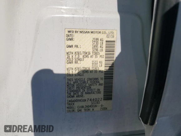2016 Nissan Frontier SV with VIN 1N6AD0FR1GN744022, listed as a Copart auction lot 43218005 with 177,086 mi miles and Salvage title. Bid and sale history available at DreamBid. Image 14.