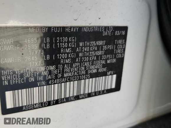 2016 Subaru Outback 2.5i Premium with VIN 4S4BSAFC1G3310625, listed as a Copart auction lot 53788545 with 68,365 mi miles and Salvage Title. Bid and sale history available at carsss.com. Image 14.