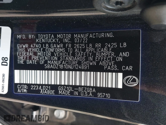 2022 Lexus ES 350 z VIN 58ADZ1B10NU124891, wystawiony jako IAAI lot #42422400 z przebiegiem 114 739 mil mil oraz . Historia ofert i sprzedaży dostępna na DreamBid. Obrazek 9.