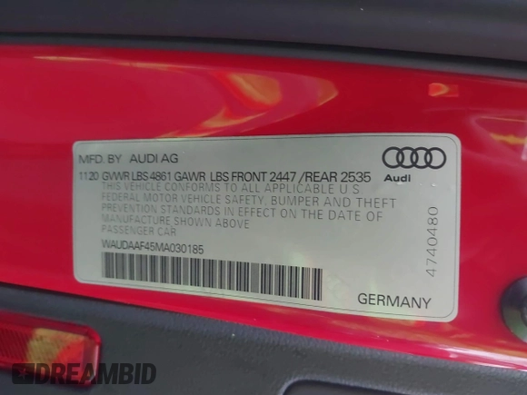 2021 Audi A4 S line Premium with VIN WAUDAAF45MA030185, listed as a IAAI auction lot 41065390 with Not Provided miles and . Bid and sale history available at DreamBid. Image 9.