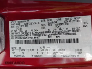 2015 Ford Escape SE with VIN 1FMCU0GX3FUC80207, listed as a IAAI auction lot 41665897 with 153,891 mi miles. Bid and sale history available at carsss.com. Image 9.