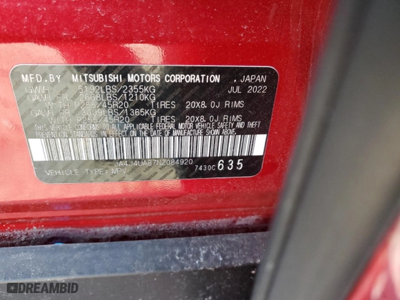 2022 Mitsubishi Outlander SE with VIN JA4J4UA87NZ084920, listed as a Copart auction lot 45563535 with 36,866 mi miles and Salvage Title. Bid and sale history available at carsss.com. Image 13.