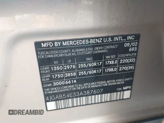 2003 Mercedes-Benz M 320 with VIN 4JGAB54E33A387607, listed as a IAAI auction lot 42655574 with 206,460 mi miles and . Bid and sale history available at DreamBid. Image 9.