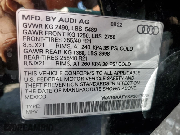 2023 Audi Q5 Sportback S line Prestige with VIN WA16AAFYXP2017035, listed as a Copart auction lot 58256284 with 13,270 mi miles and Salvage title. Bid and sale history available at DreamBid. Image 12.