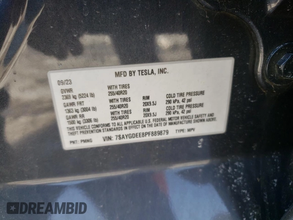 2023 Tesla Model Y Long Range with VIN 7SAYGDEE8PF889879, listed as a Copart auction lot 46115535 with 17,818 mi miles and Salvage Title. Bid and sale history available at DreamBid. Image 12.