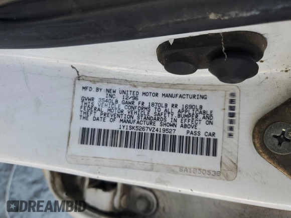 1997 Geo Prizm z VIN 1Y1SK5267VZ419527, wystawiony jako Copart lot #72395944 z przebiegiem 154 578 mil mil oraz Szkody całkowita. Historia ofert i sprzedaży dostępna na DreamBid. Obrazek 12.