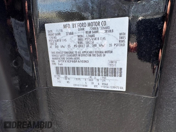 2011 Ford F-150 XL with VIN 1FTFX1EF6BFA10363, listed as a Copart auction lot 54481625 with 87,584 mi miles and Clean Title. Bid and sale history available at carsss.com. Image 11.