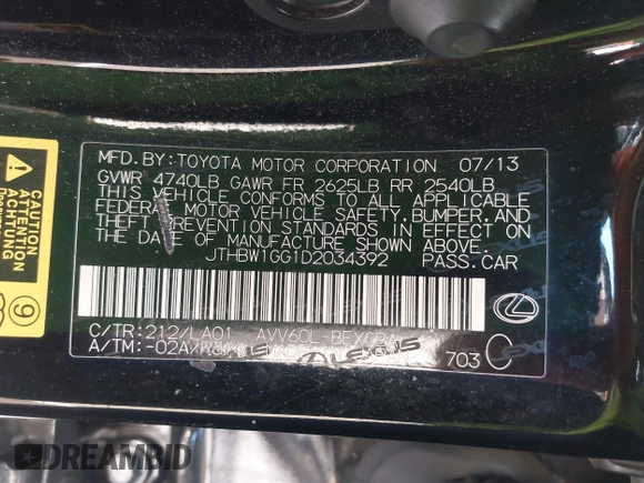2013 Lexus ES 300h with VIN JTHBW1GG1D2034392, listed as a IAAI auction lot 42236596 with 207,830 mi miles and . Bid and sale history available at DreamBid. Image 9.