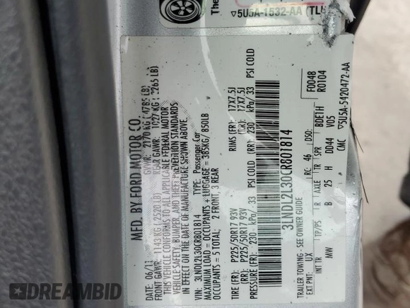 2012 Lincoln MKZ Hybrid with VIN 3LNDL2L30CR801814, listed as a Copart auction lot 50385305 with 135,302 mi miles and Non Repairable. Bid and sale history available at DreamBid. Image 12.