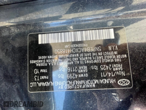 2012 Hyundai Sonata GLS with VIN 5NPEB4ACXCH418850, listed as a Copart auction lot 52461295 with 101,033 mi miles and Clean Title. Bid and sale history available at carsss.com. Image 10.
