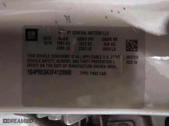 2015 Buick Verano Convenience Group with VIN 1G4PR5SK2F4128088, listed as a IAAI auction lot 41796603 with 127,757 mi miles. Bid and sale history available at carsss.com. Image 9.