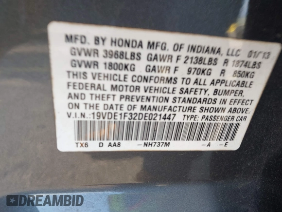 2013 Acura ILX with VIN 19VDE1F32DE021447, listed as a IAAI auction lot 41730382 with 165,223 mi miles. Bid and sale history available at carsss.com. Image 9.