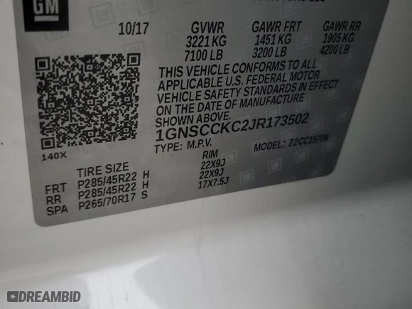 2018 Chevrolet Tahoe Premier with VIN 1GNSCCKC2JR173502, listed as a Copart auction lot 86251384 with 74,536 mi miles and Salvage Title. Bid and sale history available at carsss.com. Image 13.