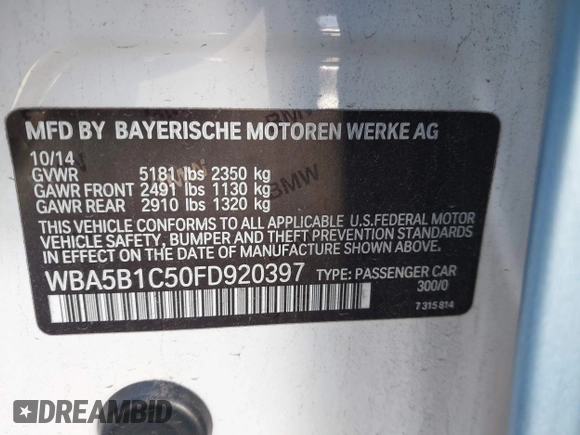 2015 BMW 5 Series 535i with VIN WBA5B1C50FD920397, listed as a IAAI auction lot 41459879 with 172,259 mi miles and . Bid and sale history available at carsss.com. Image 9.