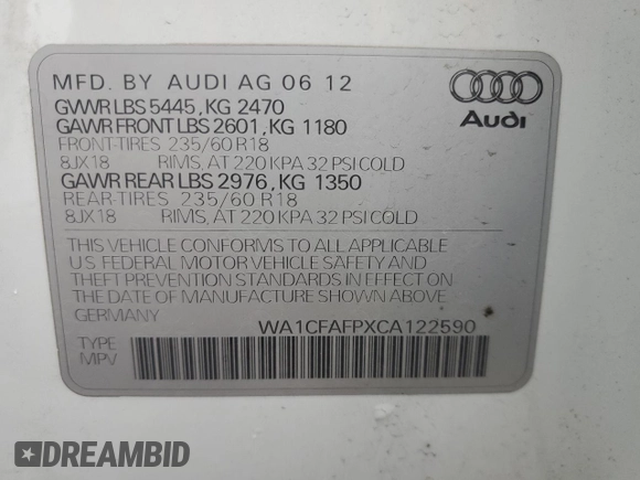 2012 Audi Q5 Premium with VIN WA1CFAFPXCA122590, listed as a Copart auction lot 47592885 with 156,143 mi miles and Salvage title. Bid and sale history available at DreamBid. Image 16.