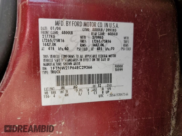 2004 Ford F-250 XL with VIN 1FTNW21P64EC29366, listed as a Copart auction lot 58463945 with 311,778 mi miles and Salvage title. Bid and sale history available at DreamBid. Image 12.