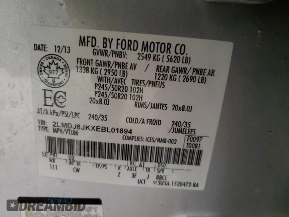 2014 Lincoln MKX z VIN 2LMDJ8JKXEBL01894, wystawiony jako Copart lot #49814095 z przebiegiem 172 949 mil mil oraz Szkoda całkowita • Salvage title. Historia ofert i sprzedaży dostępna na DreamBid. Obrazek 14.