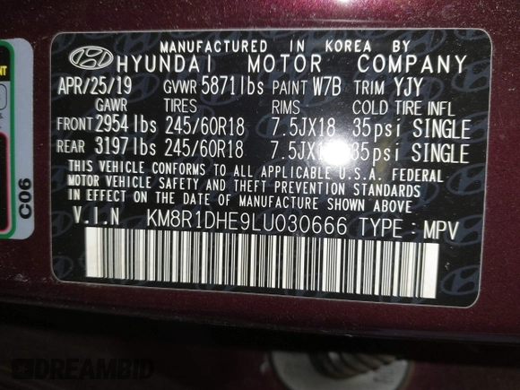 2020 Hyundai Palisade SE z VIN KM8R1DHE9LU030666, wystawiony jako IAAI lot #41599210 z przebiegiem 215 239 mil mil oraz . Historia ofert i sprzedaży dostępna na DreamBid. Obrazek 9.