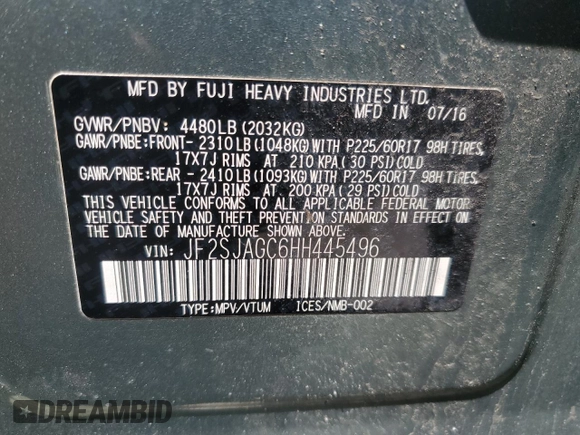 2017 Subaru Forester Premium with VIN JF2SJAGC6HH445496, listed as a Copart auction lot 54986985 with 181,009 mi miles and Clean Title. Bid and sale history available at carsss.com. Image 13.