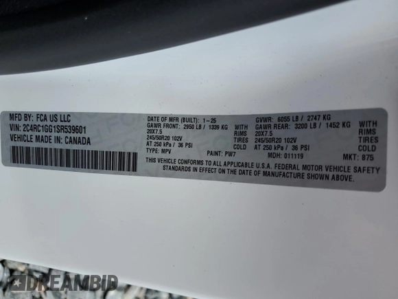 2025 Chrysler Pacifica Limited with VIN 2C4RC1GG1SR539601, listed as a Copart auction lot 60714795 with 9,796 mi miles and Clean title. Bid and sale history available at DreamBid. Image 13.