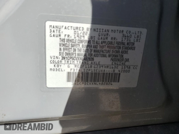 2022 Nissan Kicks SV with VIN 3N1CP5CVXNL482826, listed as a Copart auction lot 49037185 with 42,999 mi miles and Salvage Title. Bid and sale history available at carsss.com. Image 12.