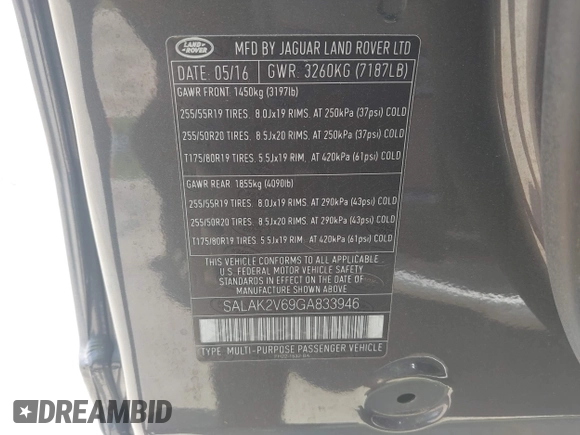 2016 Land Rover LR4 HSE Lux with VIN SALAK2V69GA833946, listed as a IAAI auction lot 42527377 with 80,195 mi miles and . Bid and sale history available at DreamBid. Image 9.