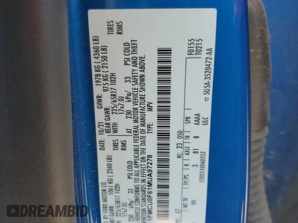 2021 Ford Escape S с VIN 1FMCU0F61MUA97278, выставлен на аукционе Copart как лот 56353785 с пробегом 70 989 миль миль и Списание • Salvage title. История ставок и продаж доступна на DreamBid. Изображение 13.