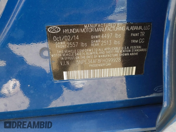 2015 Hyundai Sonata 2.4L Sport with VIN 5NPE34AF8FH099928, listed as a IAAI auction lot 42071898 with 180,440 mi miles. Bid and sale history available at carsss.com. Image 9.