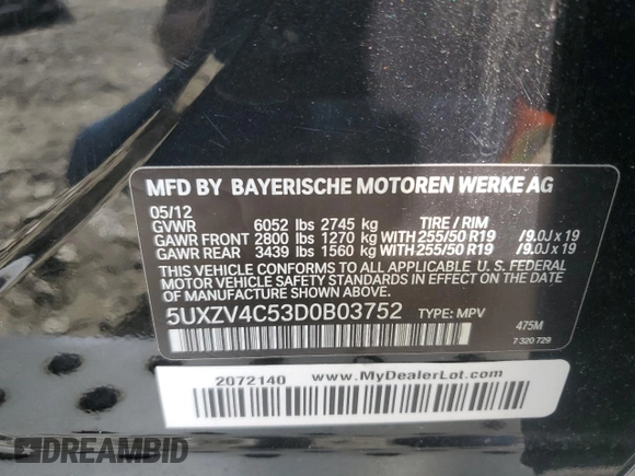 2013 BMW X5 xDrive35i with VIN 5UXZV4C53D0B03752, listed as a Copart auction lot 49836235 with 115,355 mi miles and Salvage Title. Bid and sale history available at carsss.com. Image 14.
