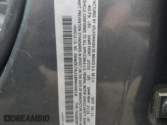 2011 Volkswagen Jetta Sedan S with VIN 3VW2K7AJ1BM400018, listed as a Copart auction lot 53639785 with 181,269 mi miles and Salvage Title. Bid and sale history available at carsss.com. Image 12.