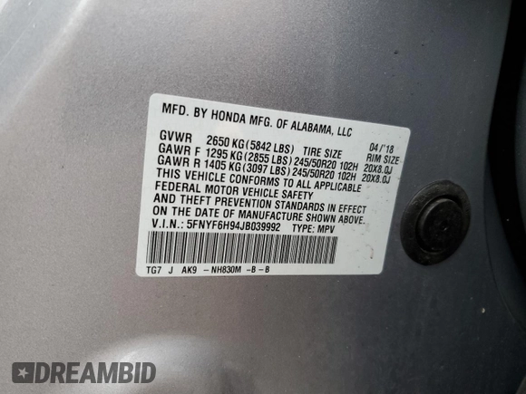 2018 Honda Pilot Touring z VIN 5FNYF6H94JB039992, wystawiony jako Copart lot #57128435 z przebiegiem 85 578 mil mil oraz Szkoda całkowita • Salvage title. Historia ofert i sprzedaży dostępna na DreamBid. Obrazek 14.