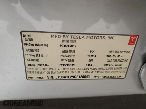 2016 Tesla Model S 90D with VIN 5YJSA1E29GF120543, listed as a Copart auction lot 56574425 with 56,412 mi miles and Salvage title. Bid and sale history available at DreamBid. Image 13.