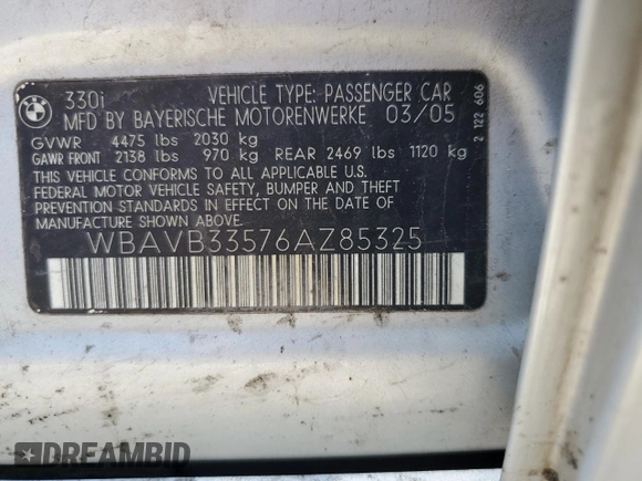 2006 BMW 3 Series 330i z VIN WBAVB33576AZ85325, wystawiony jako Copart lot #56681815 z przebiegiem Nie podano mil oraz Szkoda całkowita • Salvage title. Historia ofert i sprzedaży dostępna na DreamBid. Obrazek 12.