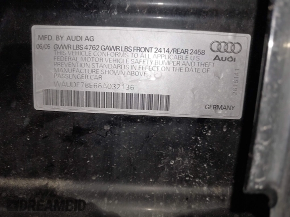 2006 Audi A4 2.0T with VIN WAUDF78E66A032136, listed as a IAAI auction lot 42583626 with 222,820 mi miles and . Bid and sale history available at DreamBid. Image 9.