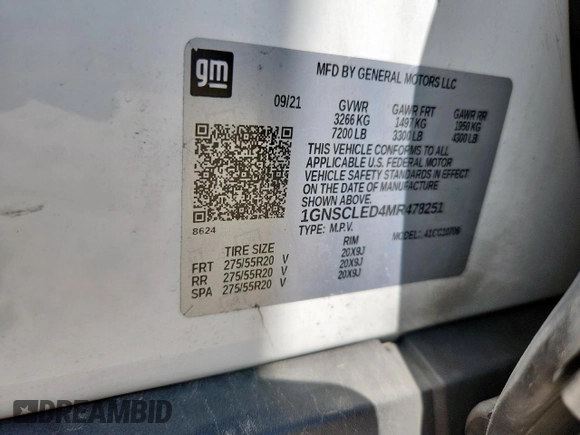 2021 Chevrolet Tahoe Commercial with VIN 1GNSCLED4MR478251, listed as a Copart auction lot 65281205 with Not provided miles and Salvage title. Bid and sale history available at DreamBid. Image 13.