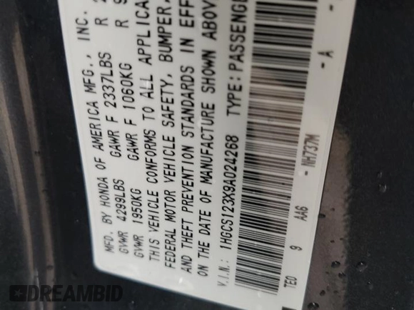 2009 Honda Accord LX-S with VIN 1HGCS123X9A024268, listed as a Copart auction lot 51247405 with 116,475 mi miles and Salvage Title. Bid and sale history available at DreamBid. Image 12.
