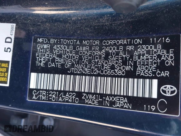 2017 Toyota Prius Two z VIN JTDZN3EU2HJ065380, wystawiony jako IAAI lot #42307177 z przebiegiem 220 294 mil mil oraz . Historia ofert i sprzedaży dostępna na DreamBid. Obrazek 9.