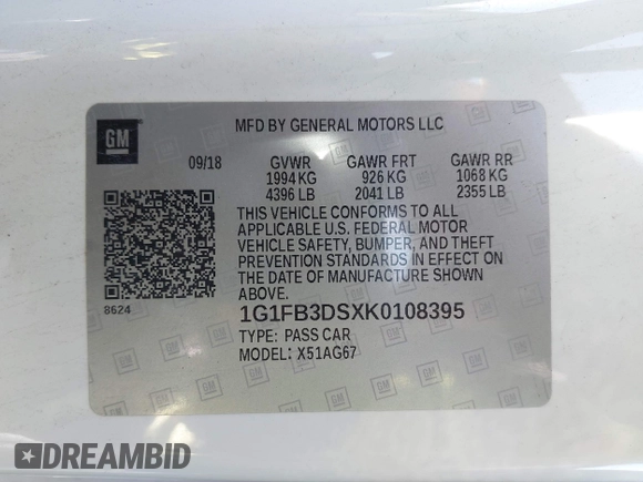 2019 Chevrolet Camaro 1LT with VIN 1G1FB3DSXK0108395, listed as a IAAI auction lot 41146697 with 64,414 mi miles. Bid and sale history available at carsss.com. Image 9.