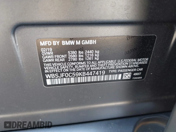 2019 BMW M5 Competition z VIN WBSJF0C59KB447419, wystawiony jako IAAI lot #41997505 z przebiegiem 74 990 mil mil oraz . Historia ofert i sprzedaży dostępna na DreamBid. Obrazek 9.