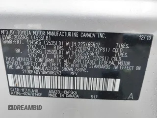 2011 Toyota RAV4 Limited with VIN 2T3DF4DV1BW106243, listed as a IAAI auction lot 42700627 with 147,289 mi miles and . Bid and sale history available at DreamBid. Image 9.