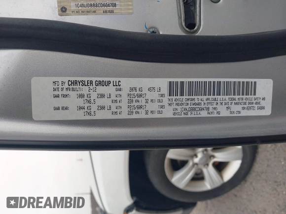 2012 Jeep Compass Sport with VIN 1C4NJDBB8CD604708, listed as a IAAI auction lot 41793914 with 160,258 mi miles. Bid and sale history available at carsss.com. Image 9.
