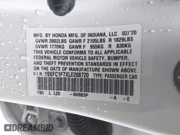 2020 Honda Civic EX-L with VIN 19XFC1F7XLE208720, listed as a IAAI auction lot 41725235 with 70,794 mi miles and . Bid and sale history available at DreamBid. Image 9.