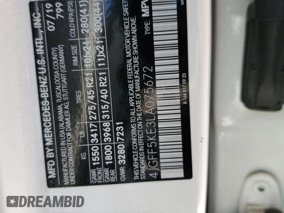 2020 Mercedes-Benz GLS 450 with VIN 4JGFF5KE3LA075672, listed as a Copart auction lot 41018854 with 57,006 mi miles and . Bid and sale history available at DreamBid. Image 13.