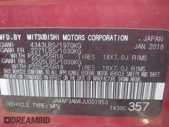 2018 Mitsubishi Outlander SE with VIN JA4AP3AW4JU001953, listed as a IAAI auction lot 41686918 with 110,400 mi miles and . Bid and sale history available at DreamBid. Image 9.