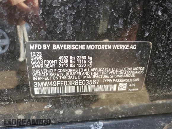 2024 BMW 3 Series M340i xDrive with VIN 3MW49FF03R8E03567, listed as a Copart auction lot 44001675 with 5,988 mi miles and Salvage Title. Bid and sale history available at carsss.com. Image 12.