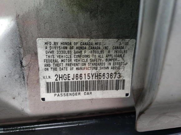 2000 Honda Civic VP with VIN 2HGEJ6615YH563673, listed as a Copart auction lot 48823915 with 164,877 mi miles and Salvage Title. Bid and sale history available at carsss.com. Image 12.