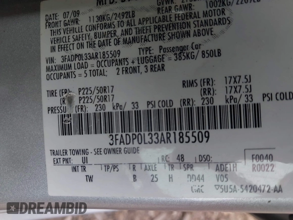 2010 Ford Fusion Hybrid with VIN 3FADP0L33AR185509, listed as a IAAI auction lot 41798825 with 155,934 mi miles. Bid and sale history available at carsss.com. Image 9.