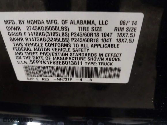 2014 Honda Ridgeline SE with VIN 5FPYK1F63EB013811, listed as a IAAI auction lot 41422016 with 168,653 mi miles. Bid and sale history available at carsss.com. Image 9.