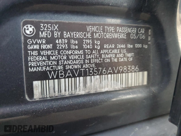 2006 BMW 3 Series 325xi с VIN WBAVT13576AV98386, выставлен на аукционе Copart как лот 81520954 с пробегом 362 557 миль миль и Списание • Salvage title. История ставок и продаж доступна на DreamBid. Изображение 12.